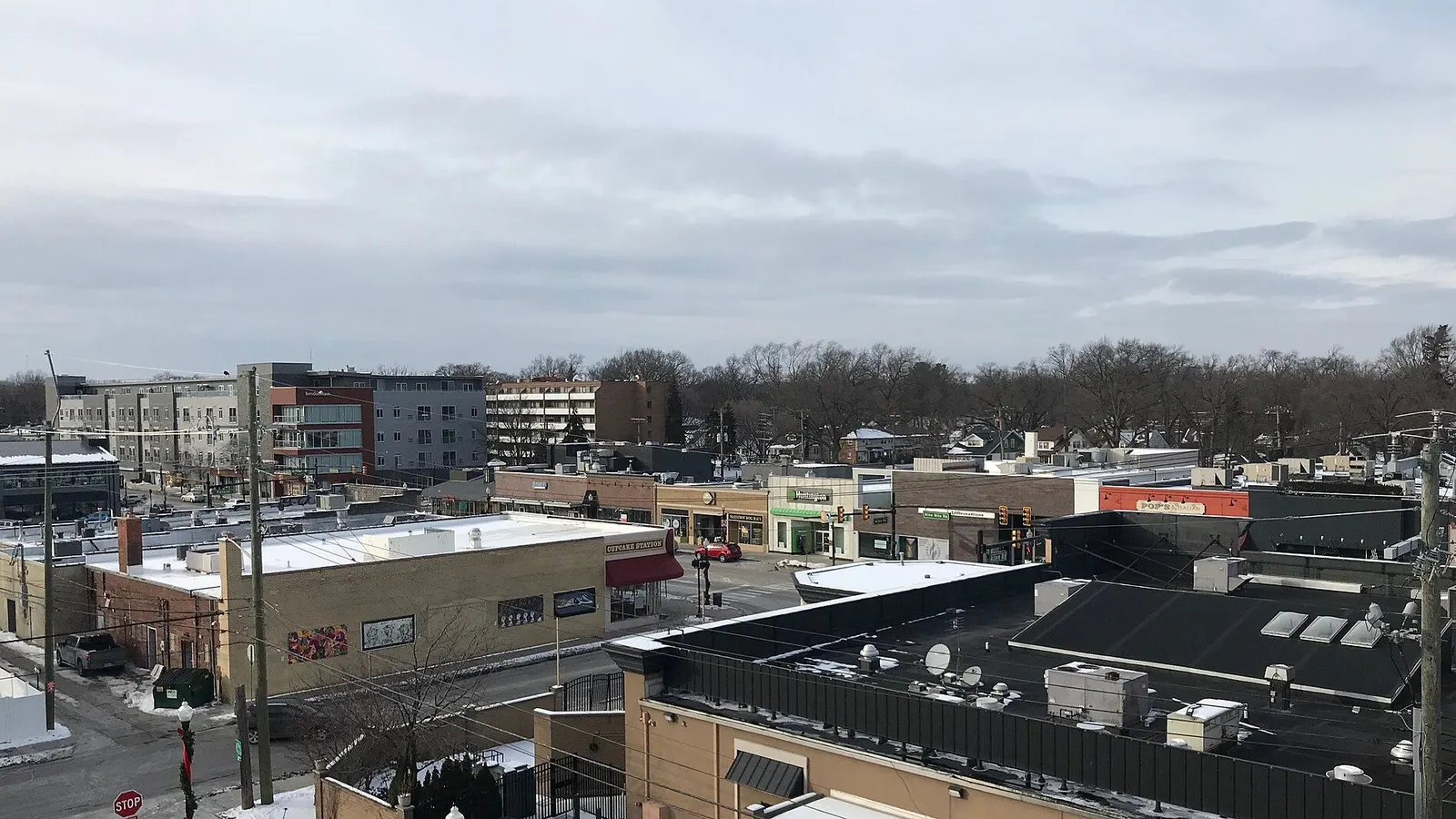 Downtown Ferndale at the corner of Woodward Avenue and 9 Mile Road with shops, restaurants, and pedestrians in Ferndale, MI