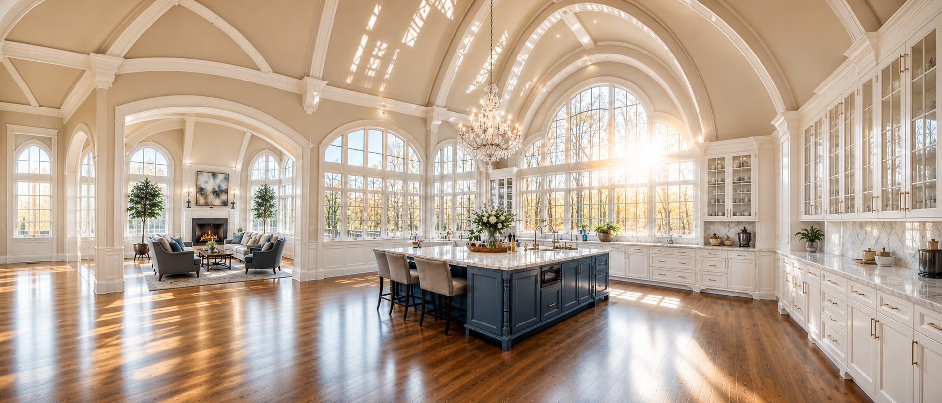 Sunlit luxury kitchen and great room with soaring arched ceilings